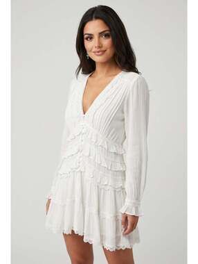 AllSaints White Tiered Ruffle Mini Dress with Lace Trim, Size 4, New With Tags